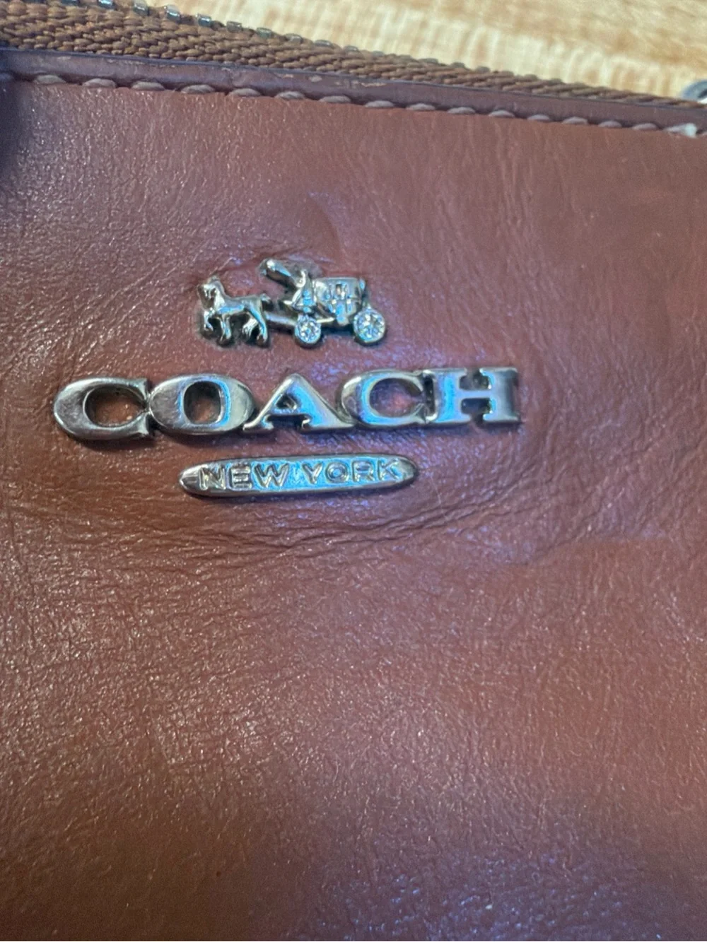 Coach Brown Leather Zip Card Case with Silver Logo